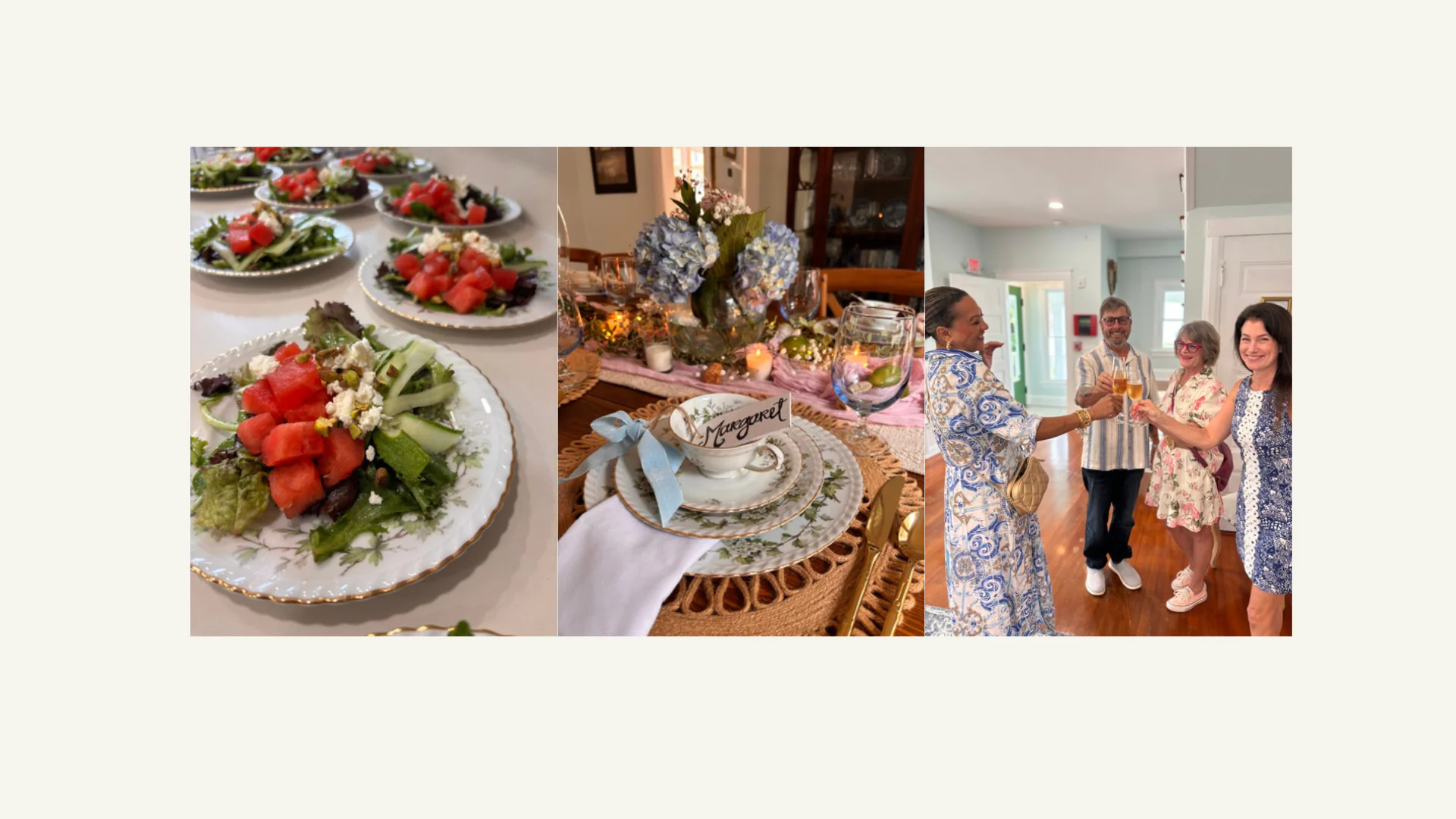 Supper Club: Watermelon salad; table setting; champagne toast