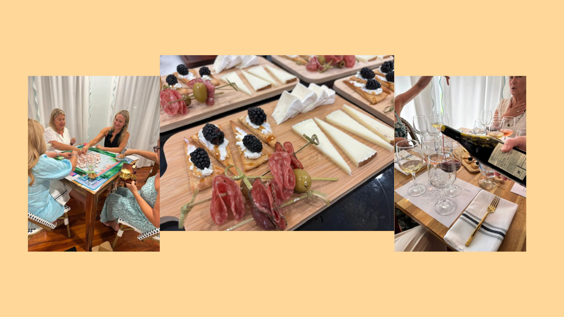 Photos from August around the Inn: Ladies playing Mah Jongg, bites to eat for a wine tasting, and the wine being poured at the table.